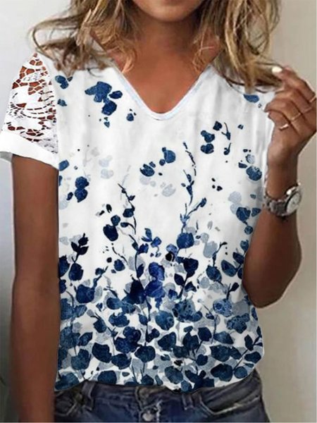 

Casual V neck Floral Short Sleeve T-Shirt, White, T-Shirts