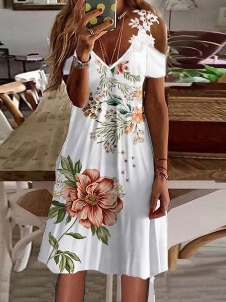 

Floral Lace Loosen Short Sleeve A-line Dress, White, Mini Dresses