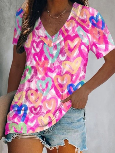 

Casual Heart Short Sleeve V Neck Plus Size Printed Tops T-shirts, Multicolor, T-Shirts