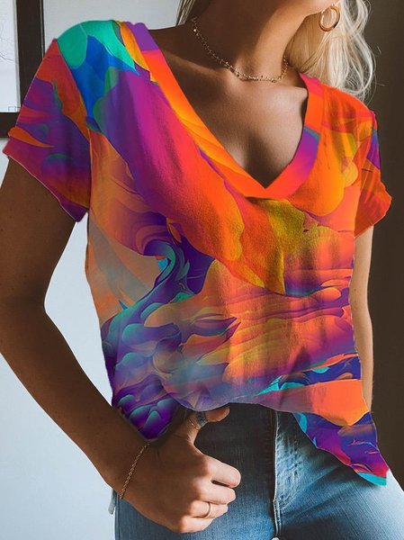 

Ombre Casual Cotton Blends Short Sleeve Tops, Multicolor, T-Shirts