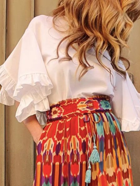 

Summer Crew Neck Vacation Short Sleeve Daily Lightweight Tops, White, Tops