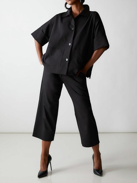 

Shirt Collar Regular Fit Solid Two Piece Set, Black, Pants Set
