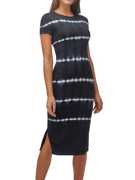 

Striped Vacation Short Sleeve Knit Dress, Blue, Midi Dresses