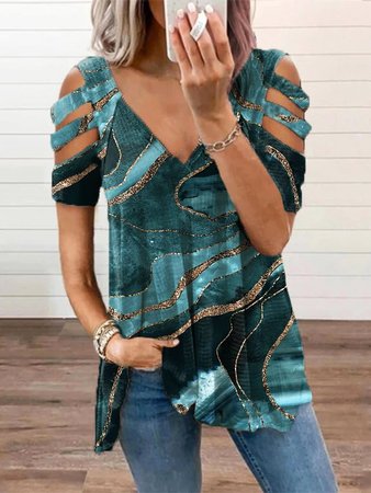

Cotton Blends Casual V Neck Short Sleeve Ombre Abstract Tops, Multicolor, Tops