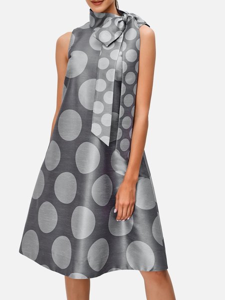 

Summer A-line Elegant Polka Dots Short Sleeve Woven Lightweight Dress, Gray, Midi Dresses