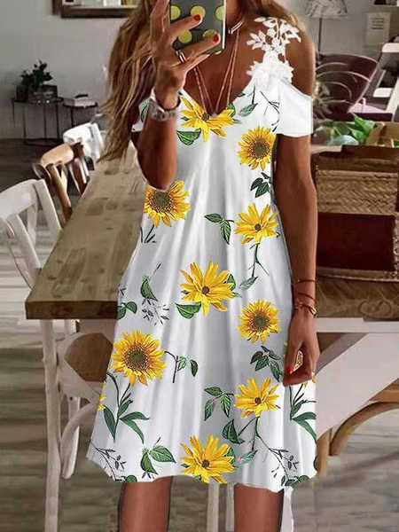 

Vacation Sunflower Short Sleeve Knit Dress, White, Dresses