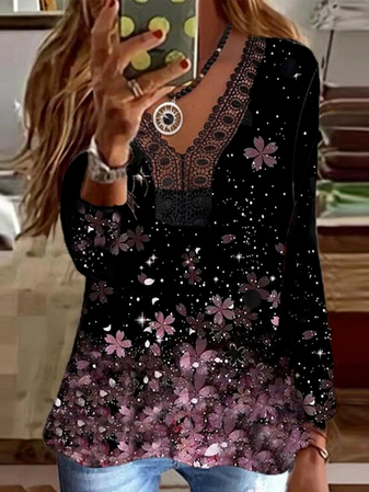 

Basics Floral Cotton Blends Long Sleeve Tops, Black, Long sleeve tops