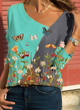 

Butterfly Casual V Neck Long Sleeve Tops Floral Loosen, Blue, Long sleeve tops