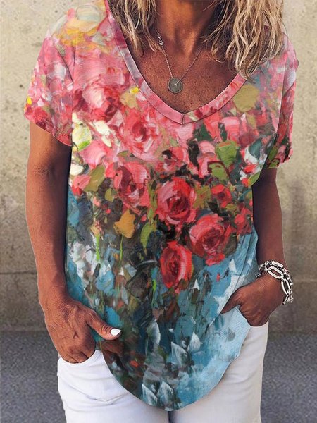 

Casual Abstract Rose Print V-Neck Short Sleeve T-Shirt, As picture, T-shirts