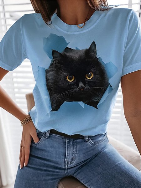 

Casual Loosen Crew Neck Short Sleeve T-Shirt, Blue, T-Shirts