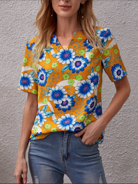 Loosen Floral Notched Short Sleeve Tops, Yellow, T-Shirts
