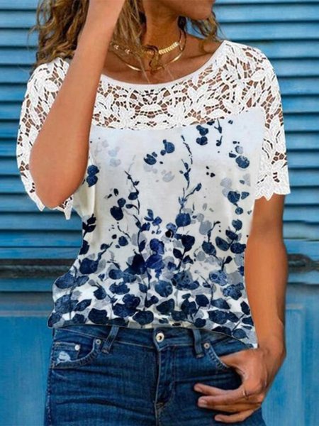 

Casual Floral Loosen Crew Neck Short Sleeve T-Shirt, White, T-Shirts
