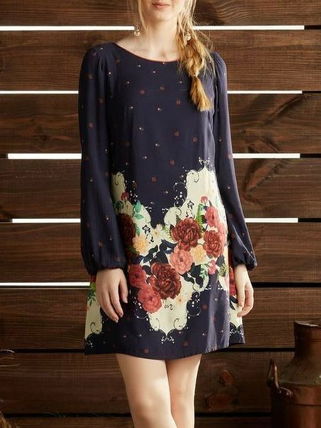 

Vacation Floral Long Sleeve Woven Mini Dress, Deep blue, Mini Dresses
