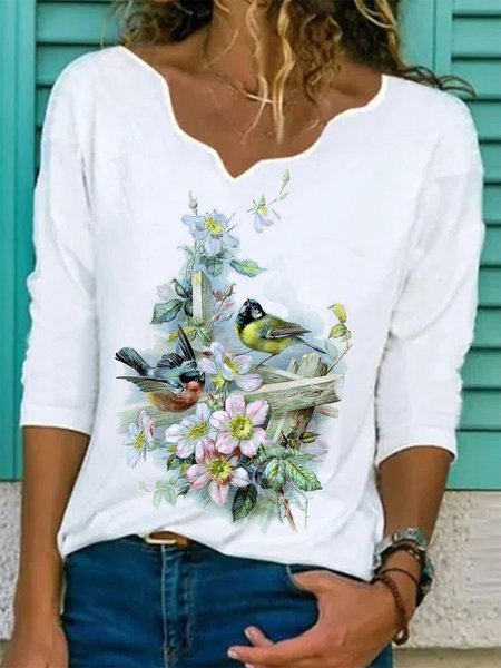 

Casual Floral And Bird Loosen Long Sleeve Tops, White, Long sleeve tops