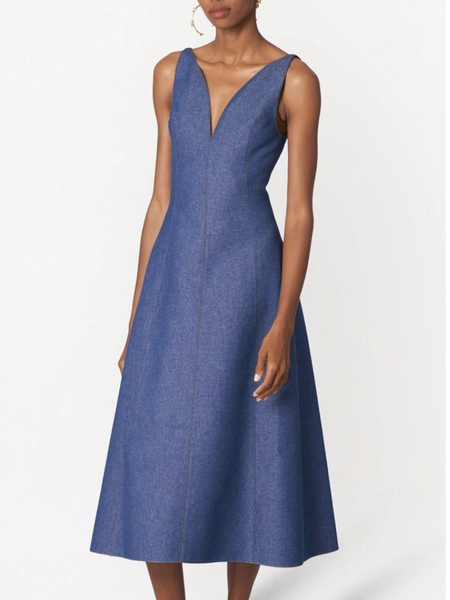

V neck Solid Simple Sleeveless Woven Dress, Blue, Midi Dresses