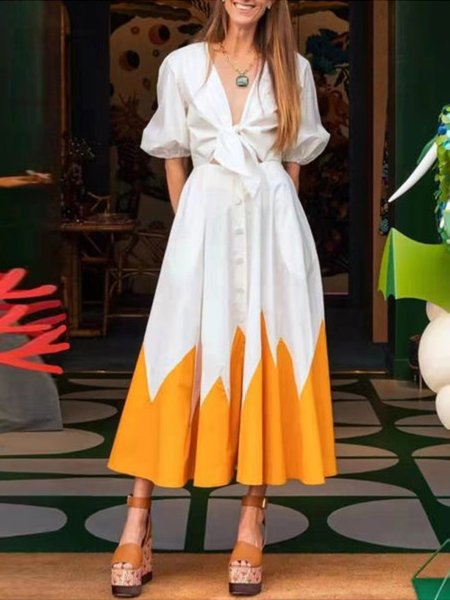 

Vacation Color Block Short Sleeve Woven Dress, White, Maxi Dresses