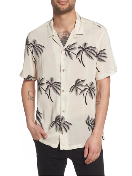 

Cotton Linen Style Botanical Coconut Tree Print Casual Versatile Linen Shirt, As picture, Men's Floral shirt