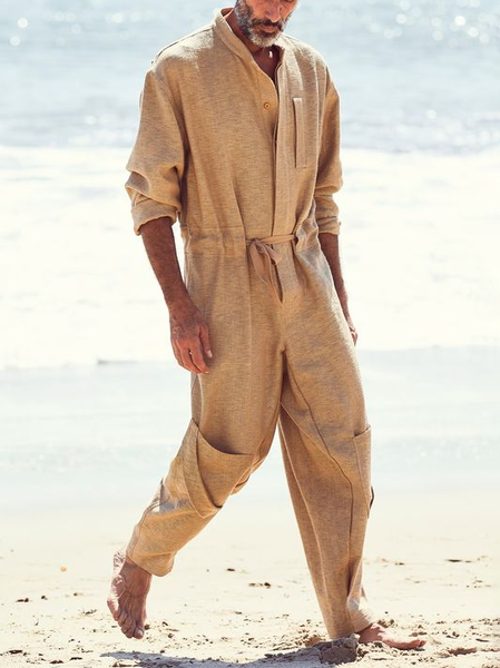 

Cotton and Linen Plain Long Sleeve Two Piece Sets, Khaki, Two-pieces