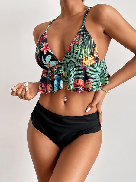 

Resort Fashion Sexy Floral Print Push Up High Waist Split Bikini Plus Size, Flower, Swimwear