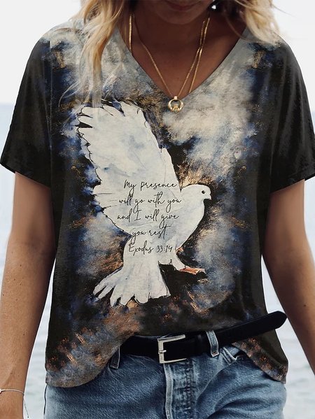 

V Neck Vintage Loosen Short Sleeve T-Shirt, Black, T-Shirts
