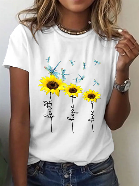 

Floral Casual Crew Neck Short Sleeve T-Shirt, White, T-Shirts