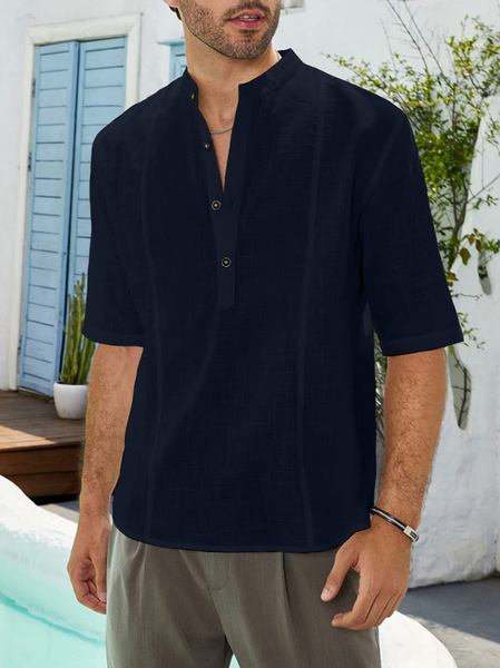 

Men's Stand Collar Half Open Shirt, Navy blue, Blouses&Shirts