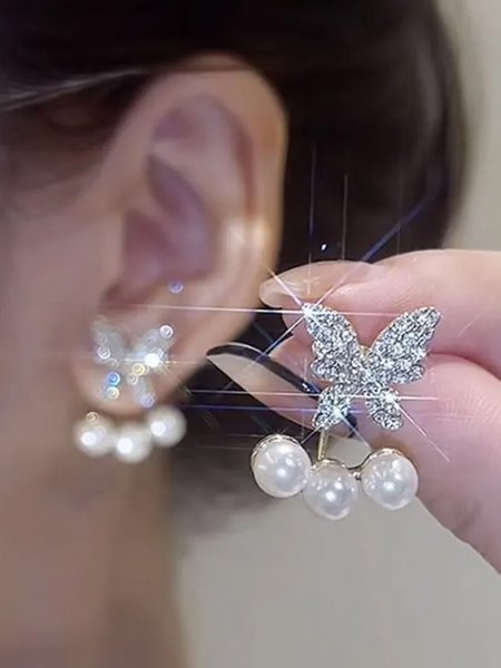 

JFN Pearl Rhinestone Butterfly Earrings, As picture, Earrings