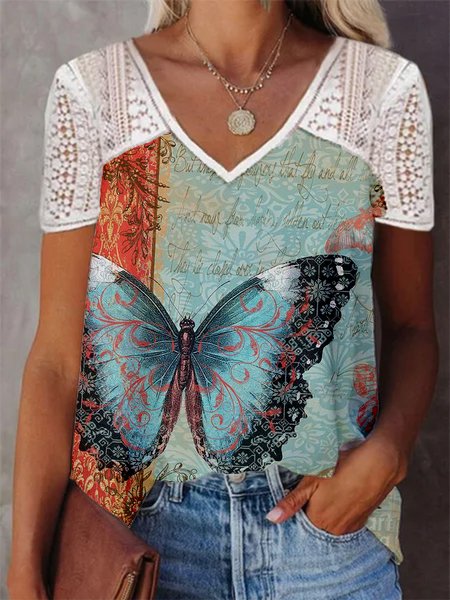 

Butterfly Printed Casual Lace V-neck Short Sleeve T-Shirt, Multicolor, T-Shirts