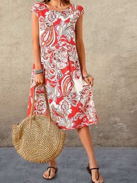 

Vacation Crew Neck Floral Short Sleeve Woven Dress, Multicolor, Dresses