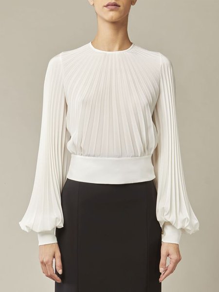 

Simple Regular Fit Crew Neck Long Sleeve Top, White, Tops