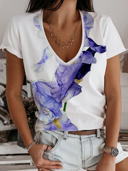 

Loosen Floral Printed Short Sleeve T-Shirt, White, T-Shirts