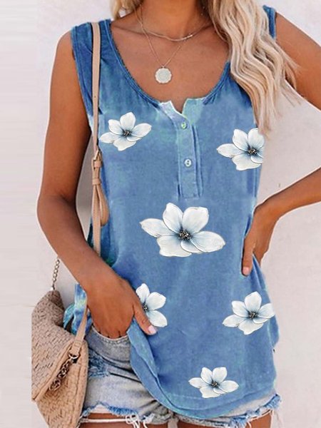 

Casual Buttoned Floral Sleeveless Tops, Blue, T-Shirts