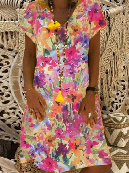 

Floral V Neck Loosen Short Sleeve Woven Dress, Multicolor, Midi Dresses