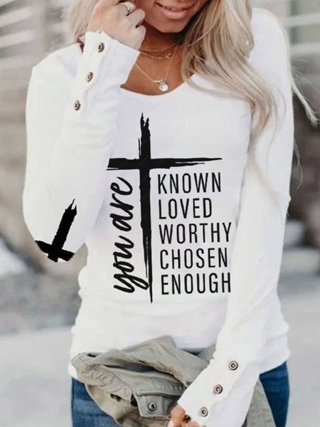 

Crew Neck Buttoned Letter Long Sleeve T-Shirt, White, Long sleeve tops
