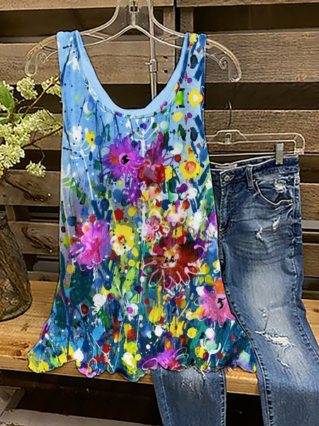 

Plus size Printed Sleeveless Tops Casual Floral Loose Fitting Tank Tops, Blue, Tank Top