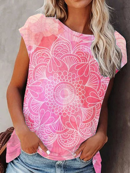 

Tribal Loosen Shirt Sleeve Ethnic Short Sleeve T-Shirt, Pink, T-Shirts