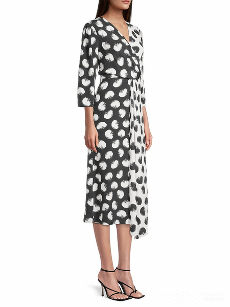 

V Neck Elegant Regular Fit Long Sleeve Woven Dress, Black, Midi Dresses