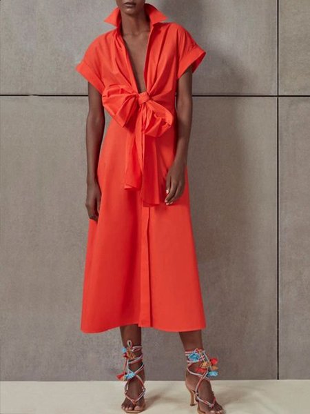 

Vacation Solid Short Sleeve Bow Dress, Orange, Midi Dresses