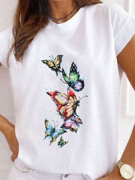 

Butterfly Casual Round Neck Short Sleeve T-Shirt, White, T-Shirts