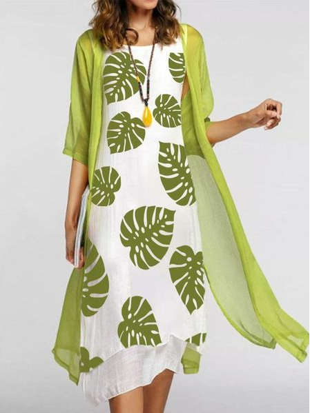 

Crew Neck Vacation Short Sleeve Women Dress, White-green, Dresses