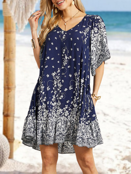 

Navy & White Floral Ruffle Resort Dress V Neck Vacation Floral Short Sleeve Women Dress, Dark blue, Mini Dresses