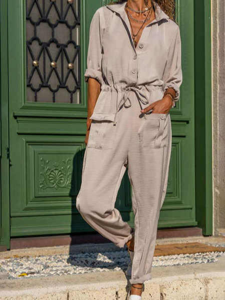 

Plain Vacation Lapel Jumpsuit & Romper, Light khaki, Jumpsuits & Rompers