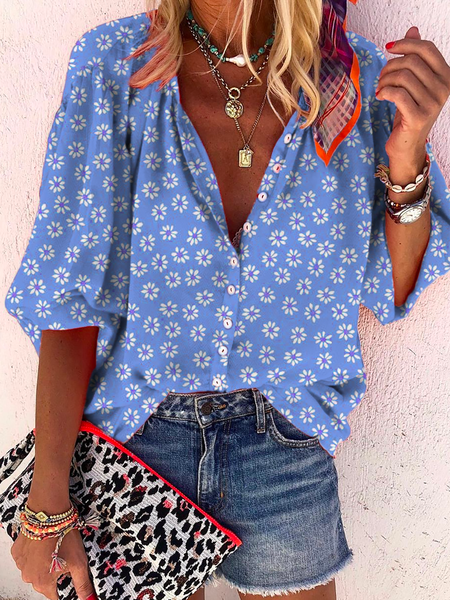 

Plus size Casual Floral White Button Down Mid Sleeve Blouse, Blue, Blouses & Shirts