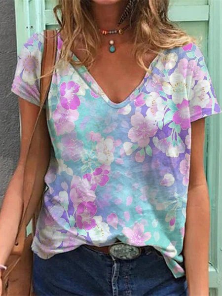 

Floral Casual Short Sleeve T-Shirt, Multicolor, T-Shirts