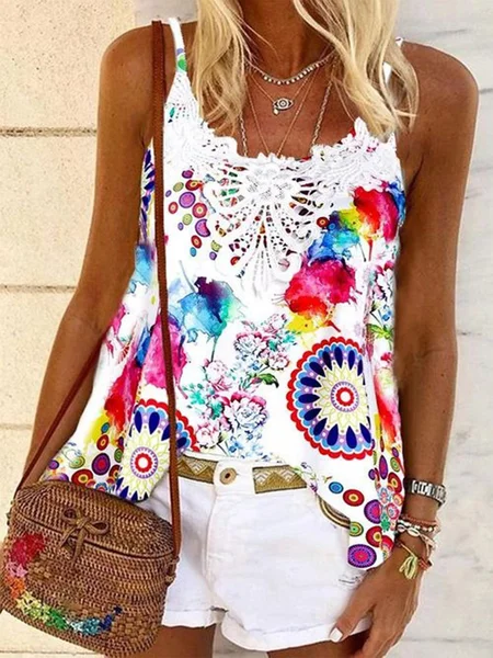 

Tribal Lace Sleeveless Crew Neck Plus Size Casual Ribbed Tank Tops, Multicolor, Tank Top