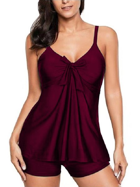 

Pull Up Sling Skirt Boxer Split Swimsuit Plus Size, Wine red, Swimwear