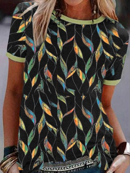 

Leaves Floral Printed Color Block Casual Loosen Crew Neck Short Sleeve T-Shirt, Flower, T-Shirts