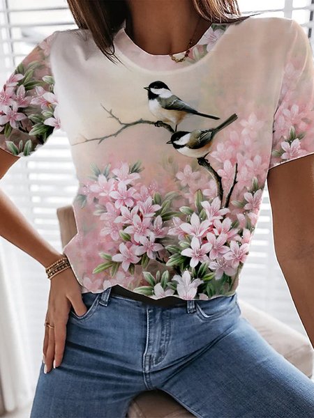 

Floral Crew Neck Casual Short Sleeve T-Shirt, Pink, T-Shirts