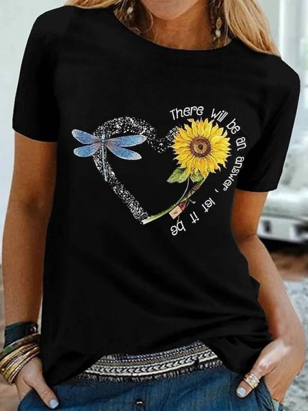 

Round Neck Casual Short Sleeve T-Shirt, Black, T-Shirts