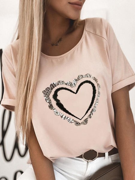 

Casual Heart Loosen Crew Neck Short Sleeve T-Shirt, Pink, T-Shirts